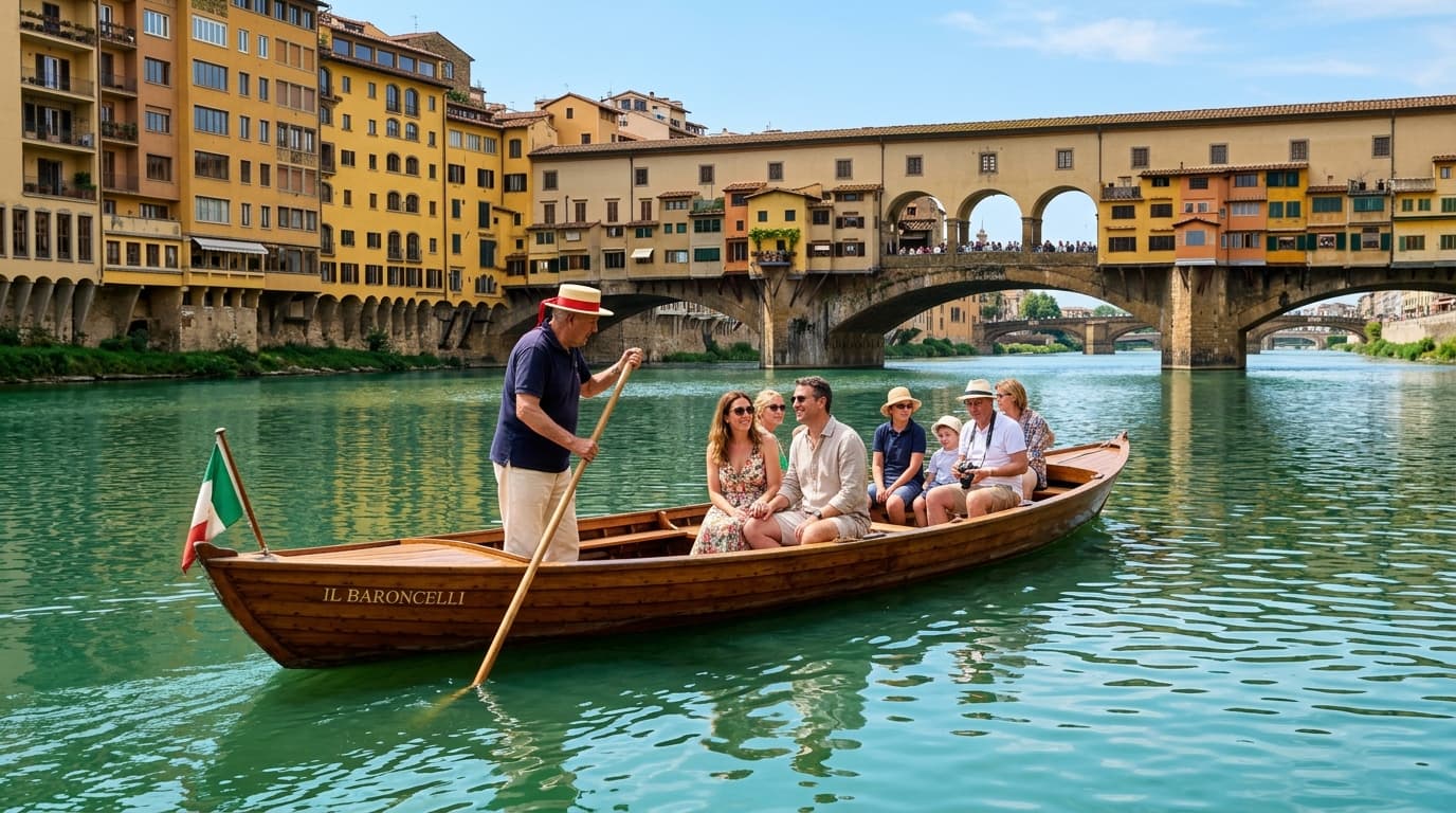 Traditional wooden barchetto boat cruise on the Arno River in Florence past Ponte Vecchio at sunset
