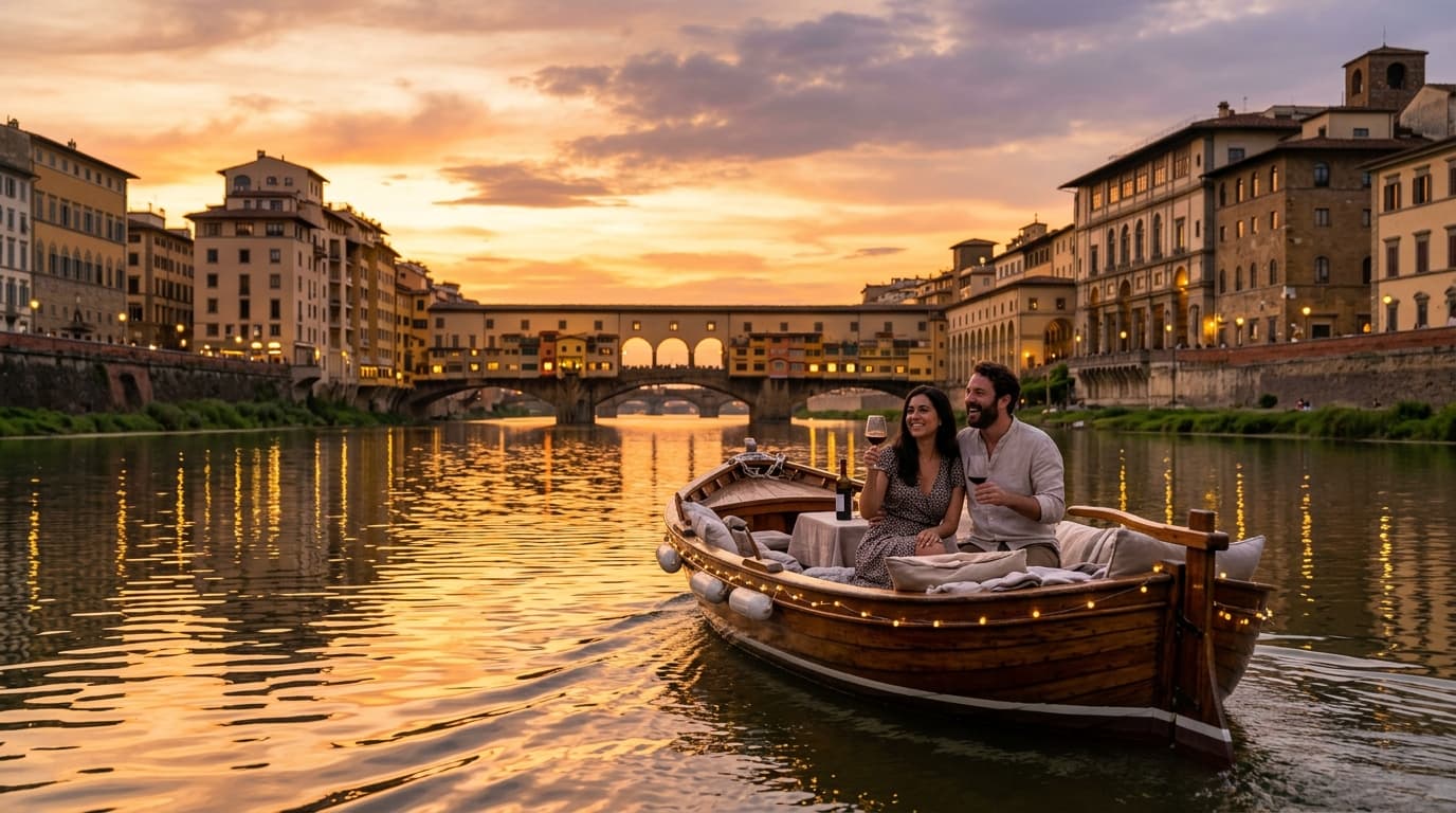 Couple enjoying Tuscan wine on an Arno River sunset cruise in Florence