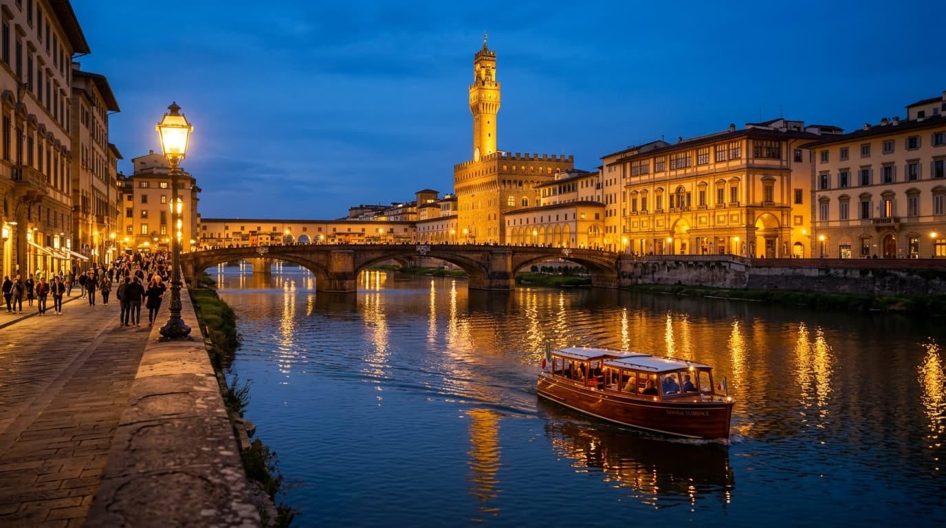 Best views of Florence from the Arno River: illuminated bridges, Uffizi Gallery and Palazzo Vecchio