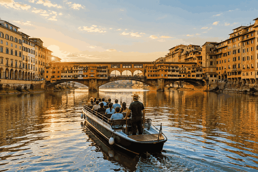 Arno River sightseeing cruise in Florence approaching Ponte Vecchio at sunset.