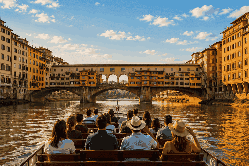 Arno River sightseeing cruise in Florence approaching Ponte Vecchio with passengers enjoying views of the historic city.