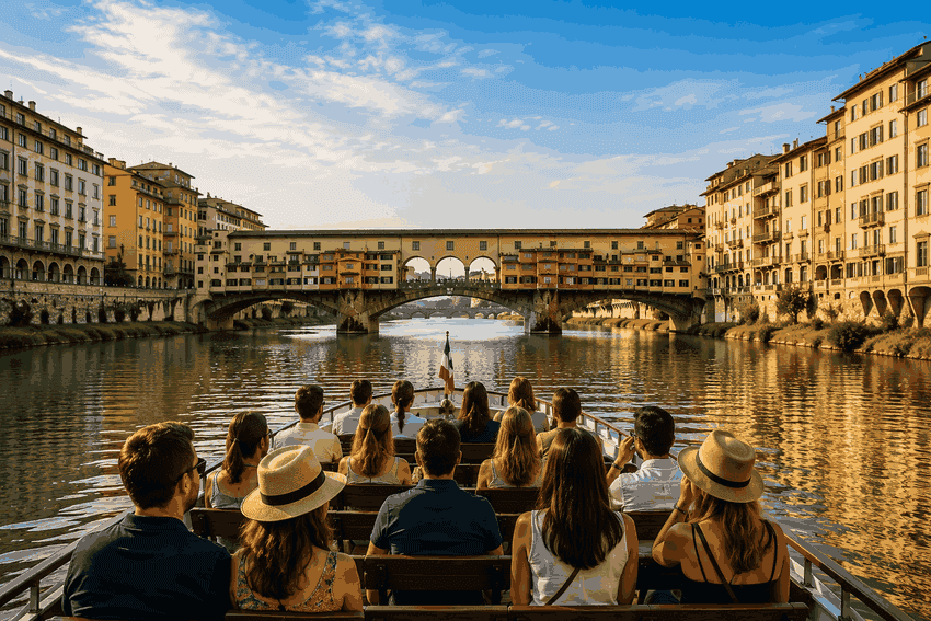 Arno River sightseeing cruise in Florence with passengers approaching Ponte Vecchio on a sunny day.